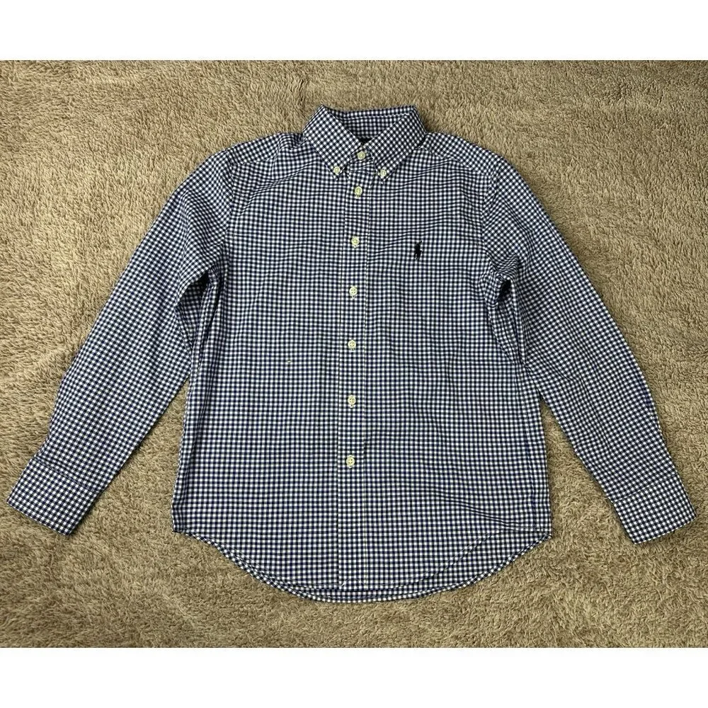 Polo Ralph Lauren Boy's M 10-12 Blue Gingham Check Button Down Shirt Long Sleeve